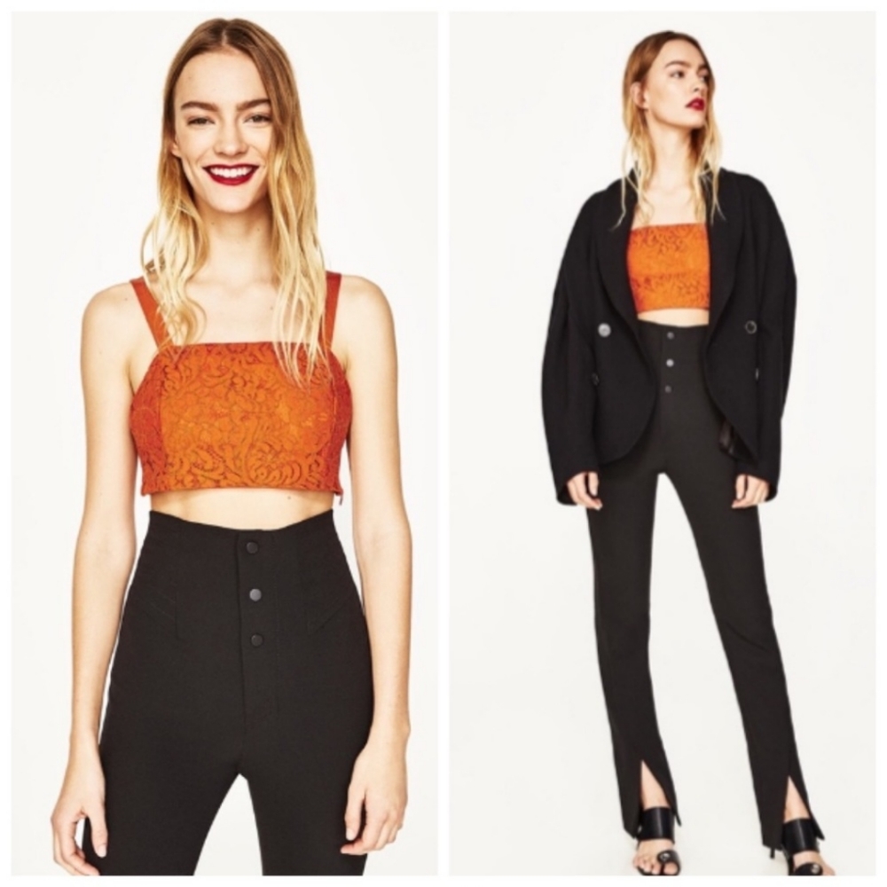 Zara Woman Basic Collection Crop Top Orange Lace
